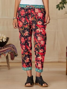 Sundance Leia Cotton Floral Bird Print Cropped Boho Pants,  XS